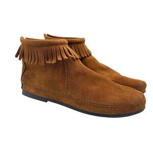 Minnetonka Hi Top Back Zip Brown Suede Fringe Moccasin Ankle Boots Women 8.5 282